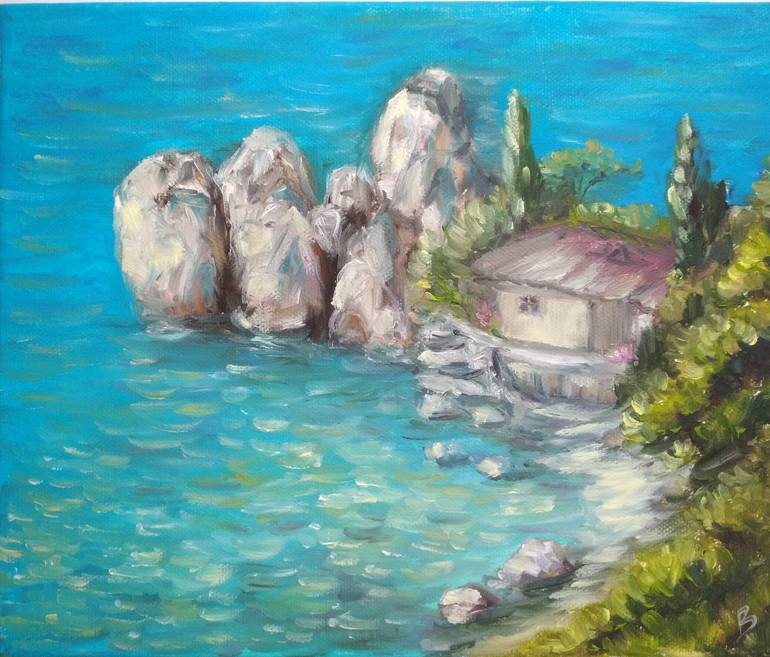 House On The Beach Seascape Whit Villa Beach And Rocks Painting By Veselka Encheva Saatchi Art