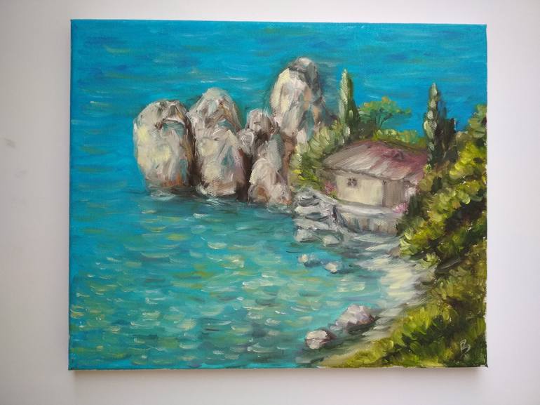 House On The Beach Seascape Whit Villa Beach And Rocks Painting By Veselka Encheva Saatchi Art