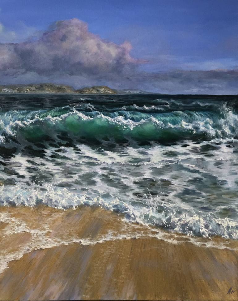 Golden Shore Stormy Seascape Ocean Waves Painting By Alesia