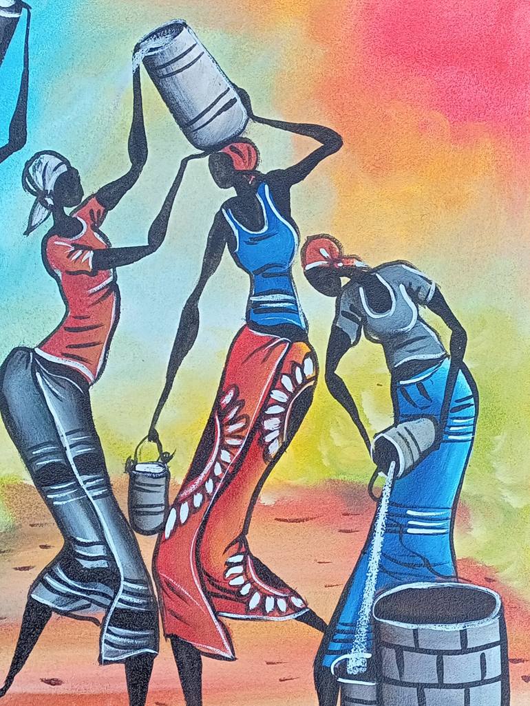 African Women Carrying Water From Well Painting African Art Painting