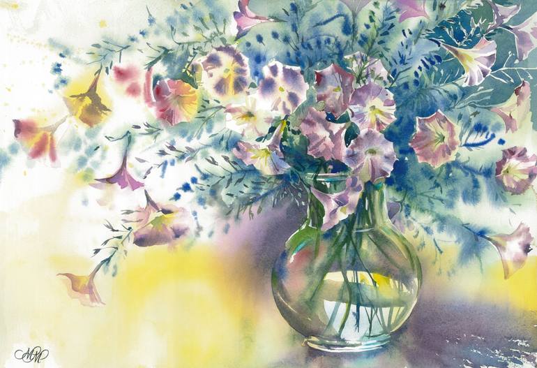 Petunias Flowers In A Vase Watercolor Painting Painting By Marina Markizova Saatchi Art