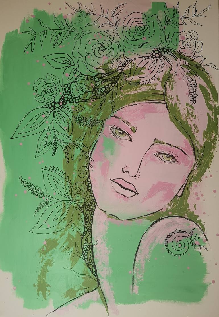 Spring Acrylpainting Woman Face Lips Flower Green Pink Painting