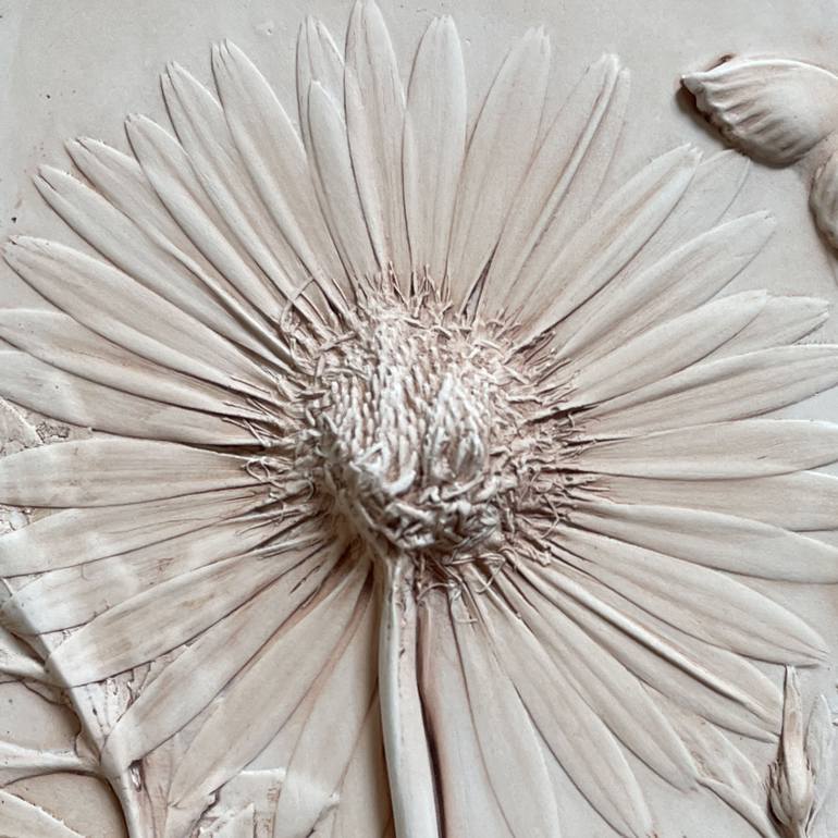 Gerbera Daisy Butterfly Plaster Relief Casting Sculpture By Ruth