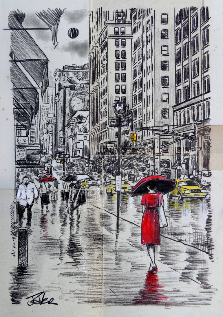 Downtown In A Red Dress Drawing By Loui Jover Saatchi Art