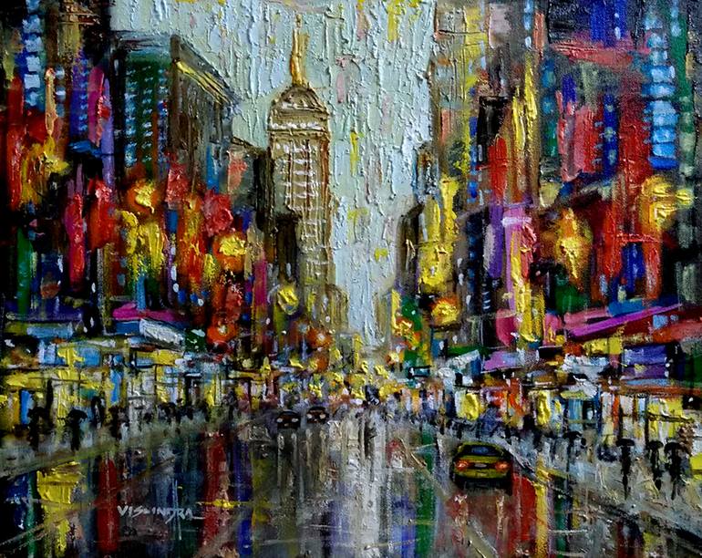 New York Empire State Building In Rain Painting By Vishalandra M Dakur