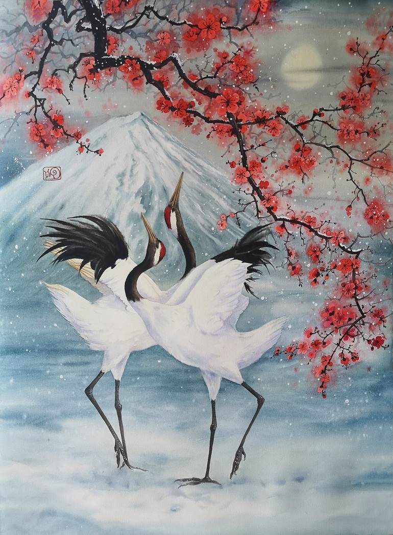 Couple Japanese Red Crowned Cranes And Plum Blossom Painting By Olga