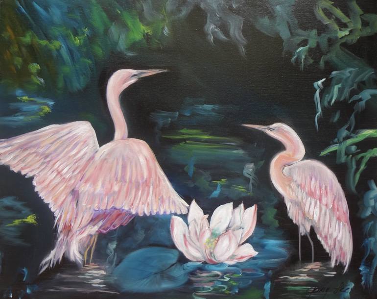 Pink Egrets Painting Painting By Jenny Jonah Saatchi Art