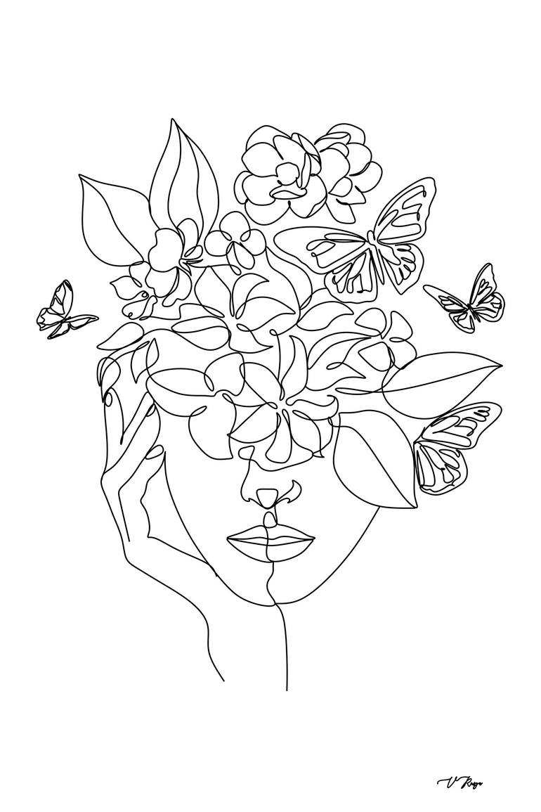 Woman Flower Head Line Art Print Mixed Media By Victoria Rusyn