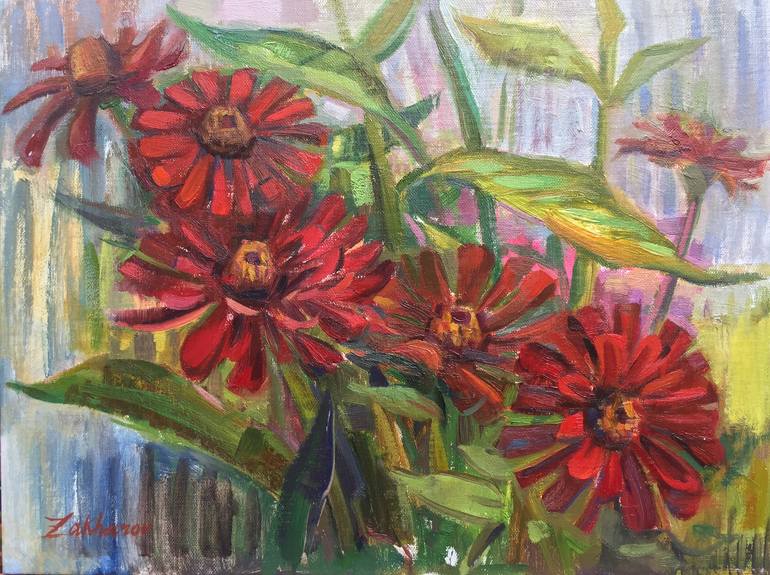 Zinnias Painting by Nika Zakharov | Saatchi Art