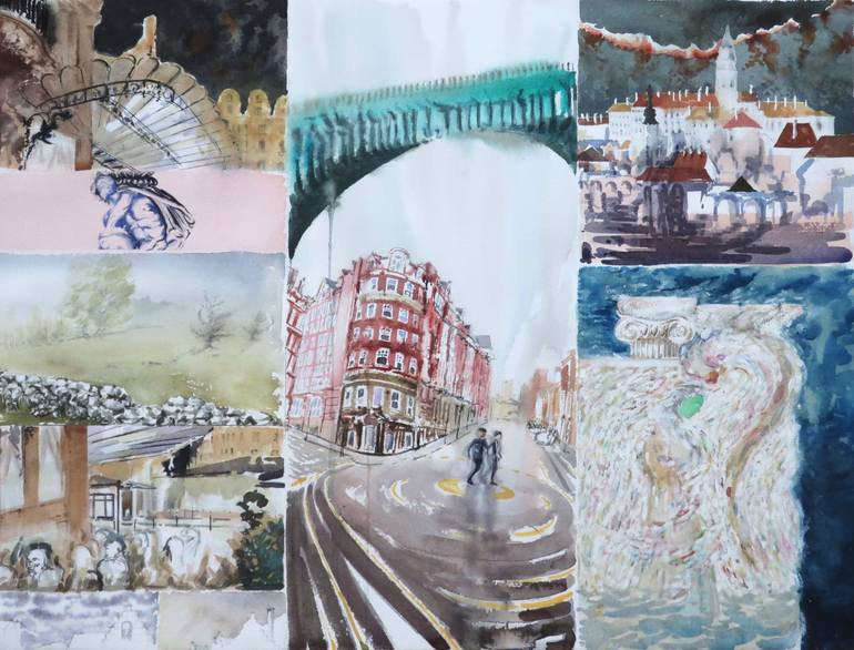 Original Architecture Painting by Felix Felbermayer | Symbolism Art on Paper | No. 3 of the Quasi-collaged Watercolors