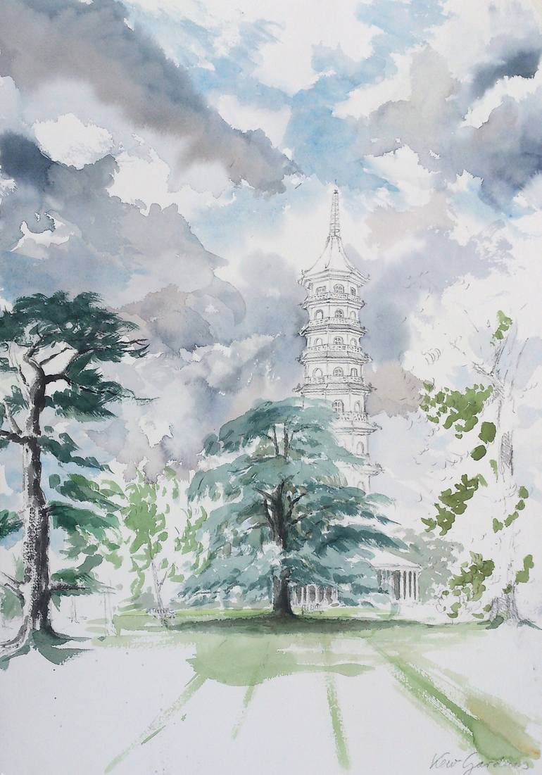 Original Architecture Painting by Felix Felbermayer | Figurative Art on Paper | plein air watercolour, Kew Gardens, Great Pagoda