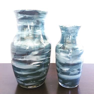 Dark Blue Glass Pieces // Set of 2 // Hand Painted Glass // Blue And White thumb