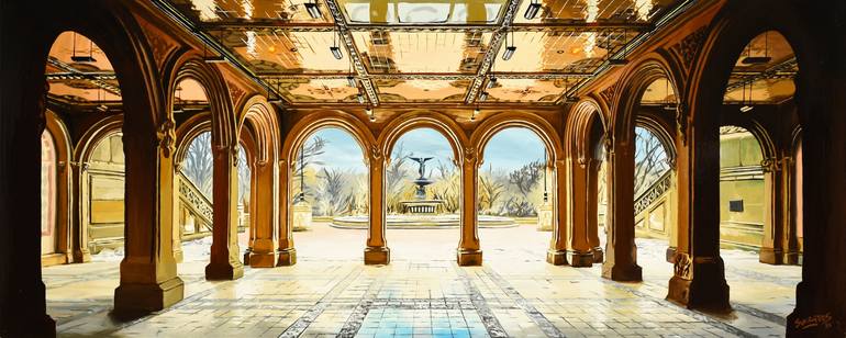 Original Architecture Painting by Socrates Rizquez | Impressionism Art on Other | Bethesda Terrace Arcade #1 (New York #12)