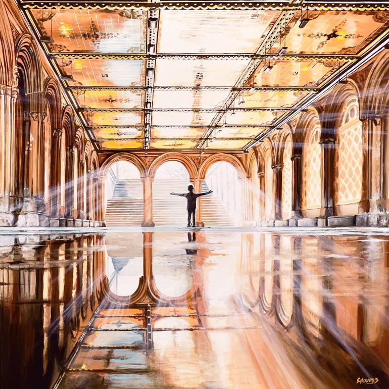 Original Architecture Painting by Socrates Rizquez | Impressionism Art on Other | New York #96 (Bethesda Terrace Arcade #3)
