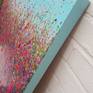 Part of the 'Artists Garden' series. Full of sparkle and glitter, pinks and purples dominate this multi colour piece with a contrasting light turquoise sky.

91x61 cm, finished with a gloss varnish for added shine and longevity. The sides are painted in the same turquiose sky colour however can be painted back to white upon request. A signature can be seen down the right hand side of the frame however the back is also signed.
