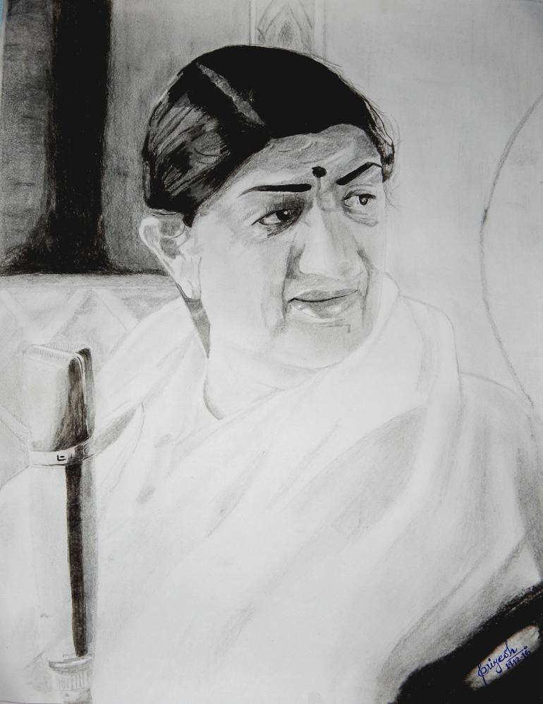 Lata Mangeshkar - Queen of Melody Drawing by Priyesh Soni | Saatchi Art