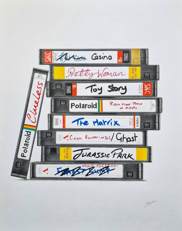 90s VHS Stack Drawing by Daniel Shipton | Saatchi Art