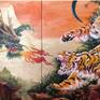 This work is a diptych on wood, each panel measuring 30" x 30". It's number 2 in a series featuring tigers and dragons facing off. As I've said before, my love of Asian art influences many paintings I do, and this is an example of using elements found in such work to picture a fantasy confrontation. I use acrylics and metallic acrylics to bring my idea to life. Such a painting as this would be great for an Asian restaurant or someone's den or game room.