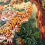This work is a diptych on wood, each panel measuring 30" x 30". It's number 2 in a series featuring tigers and dragons facing off. As I've said before, my love of Asian art influences many paintings I do, and this is an example of using elements found in such work to picture a fantasy confrontation. I use acrylics and metallic acrylics to bring my idea to life. Such a painting as this would be great for an Asian restaurant or someone's den or game room.