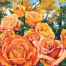 The orange roses in my garden blooming in early Autumn were a given for me to paint. They are my new favorite colors, and there they were, in perfect combination, to be expressed as a painting. I like to paint on wood on occasion, as it allows for a different tactile experience than canvas. This painting is wired for hanging.