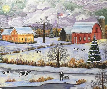 Landscape Farm In Snow With Cows thumb