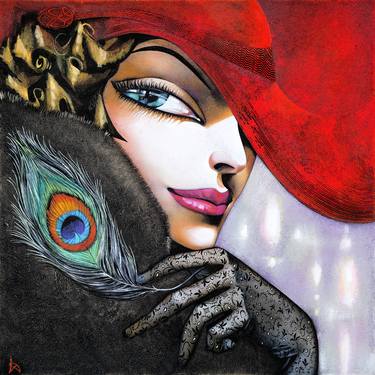 Lady with Peacock Feather - Limited Edition 1 of 10, overpainted print thumb
