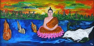 4 Buddha's on the river (framed artwork) thumb