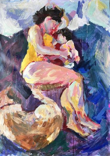 Original Figurative Family Paintings by Dionysia Adamopoulou
