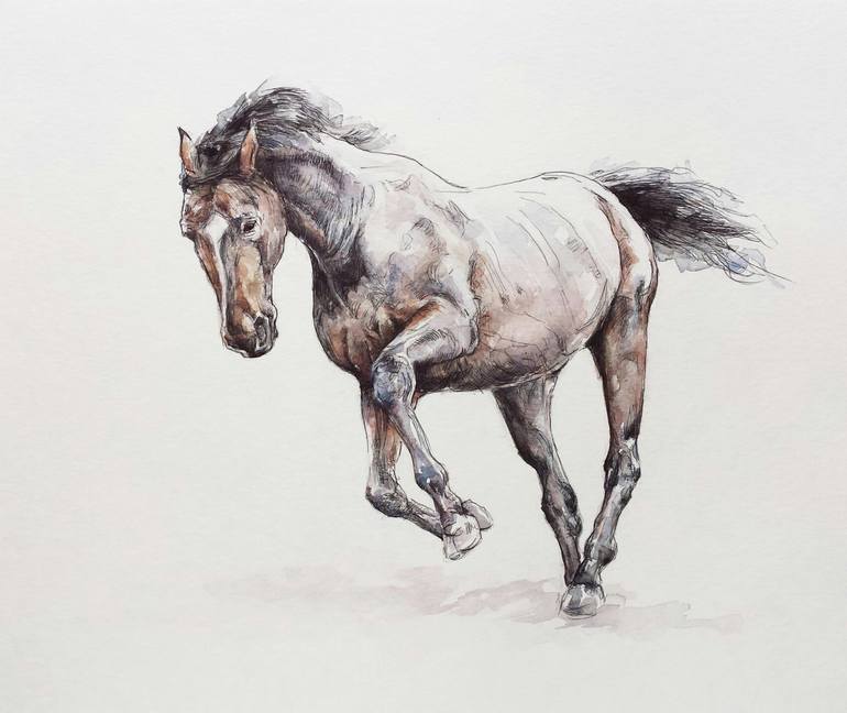 Original Acrylic, Ink and Pen Painting of a Horse in Motion, Modern Art,  Expressive Animal Art, Equine Artist 