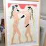 Boxing boys in wood frame 50x70 cm