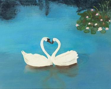 Swans Original Oil Landscape Blue And White Pure Beauty thumb