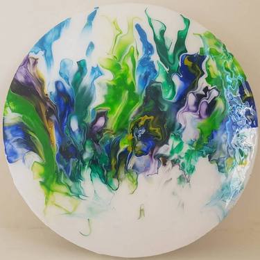 Multi-color Flowers Painting Fluid Original Acrylic Art Round thumb