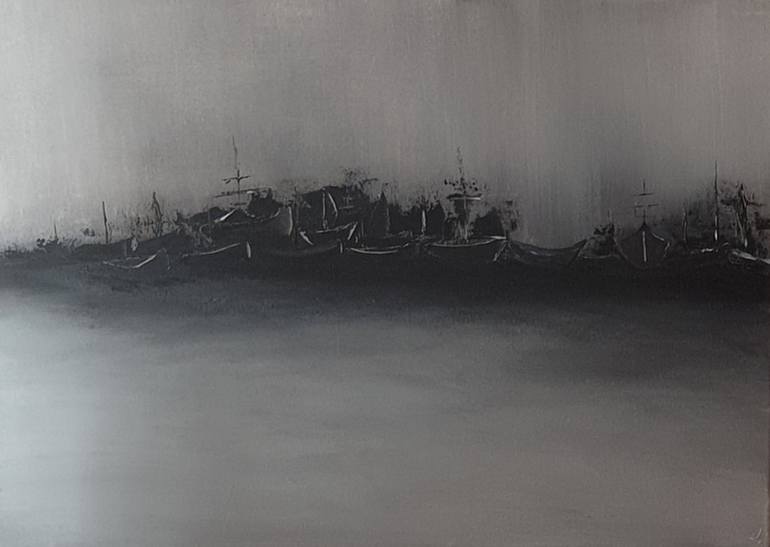 Original Ships Harbor Port Painting, Black And White Landscape Canvas Art