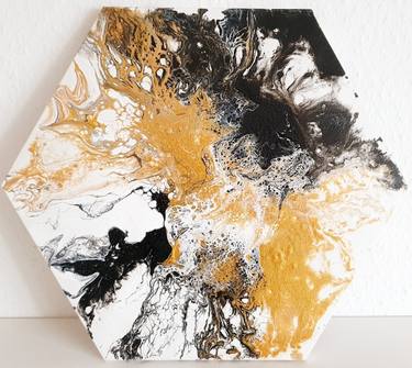 Fluid Abstract  Art Original Painting Black White Gold Modern thumb