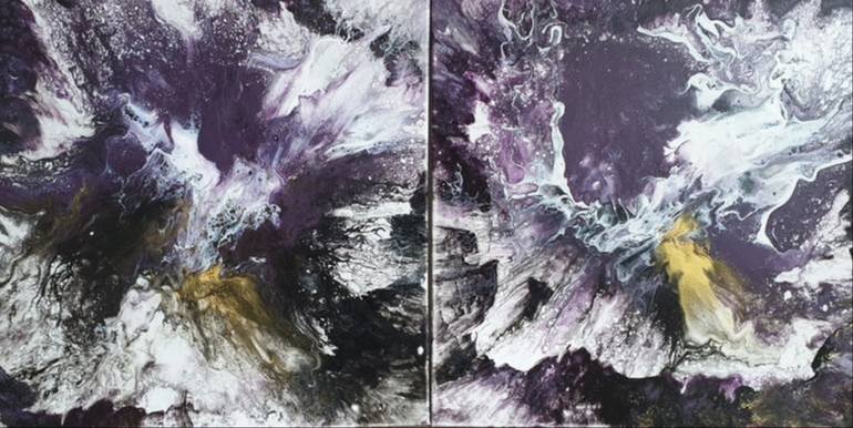 Original Abstract Painting by Iveta Zaharova | Abstract Art on Canvas | 2 Set Fluid art Land Black White Purple Gold Modern