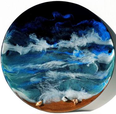 Resin Art Seascape Ocean Art Blue Black White Round Abstract thumb