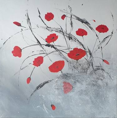 Landscape Painting Art Abstract Little Poppies Flowers Original thumb