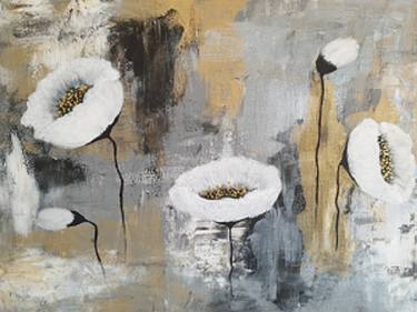 Landscape Painting Abstract White Gold Poppies Flowers Original thumb