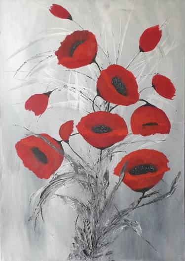 Landscape Painting Art Abstract Red Poppies Flowers Original thumb