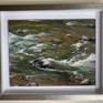 This piece was done en plein air in Montana. I love the colors the river has and decided to paint a close-up section of the rocky waters. This is framed using a custom made silver shadowbox style frame and the work is floated against the background. It is also framed with Museum glass