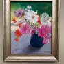 Bouquet of summer flowers in a blue pot. Framed with a custom silver frame and Museum Glass.