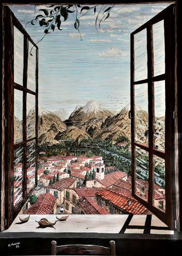 Vista dalla finestra,le montagne(1992)-temp. cartoncino-cm80x100 thumb