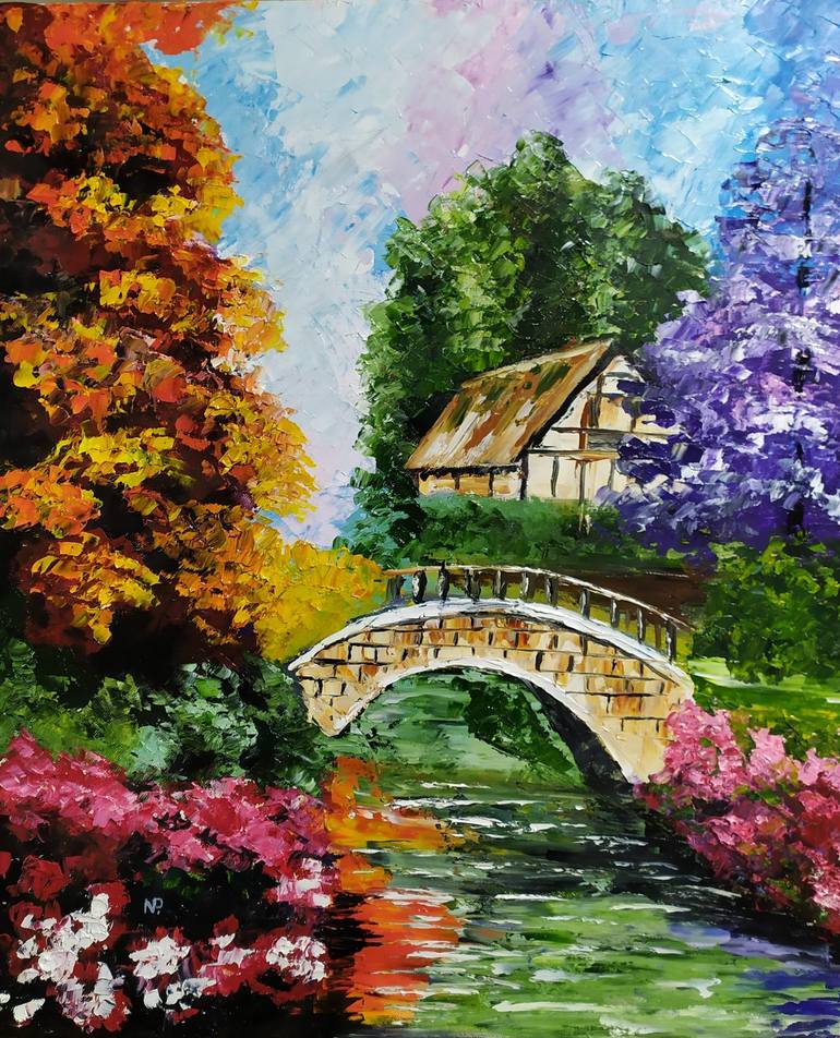 Flowers river bridge trees original landscape watercolor painting 5 x 7  signed