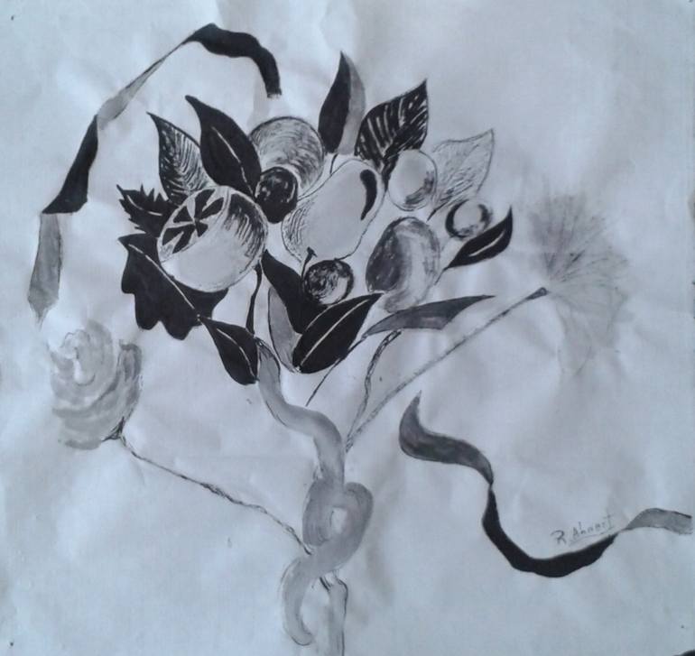 Original Botanic Drawing by Rocio Ahnert Iglesias | Art Deco Art on Paper | bouquet of flowers