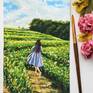 This gouache painting is of a woman strolling in the fields carefree and with a spring in her step. Painting is done on paper, 5.5" x 8.5".