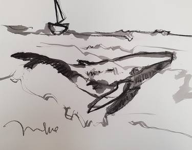 Jose Trujillo Impressionism Black Ink Wash on Paper Whale Series thumb