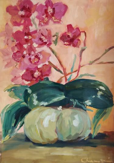 Still life with pumpkin and orchid thumb