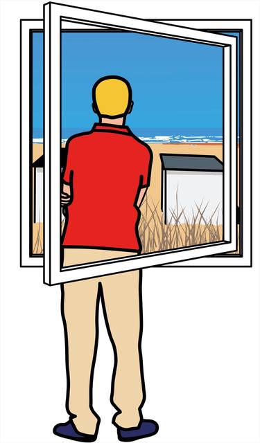 Man looks at the sea through the window thumb