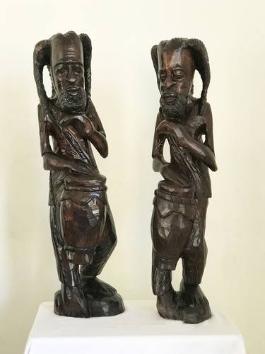 Men with Dreadlocks Playing Congas - Caribbean Mahogany Sculpture Pair thumb