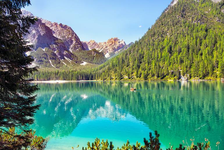 Original Landscape Photography by Giuseppe Ruggiero | Conceptual Art on Canvas | Lake Braies - Exploring the lake - Limited Edition 1 of 30